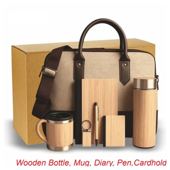Wooden Bottle, Mug, Diary, Pen,Cardholder, Keychain & Jute Laptop Bag & Box