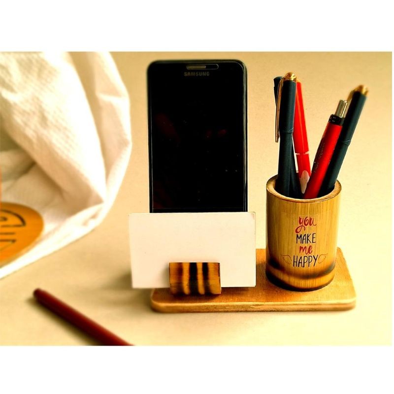 Bamboo Pen Stand with Mobile Holder/Card Holder