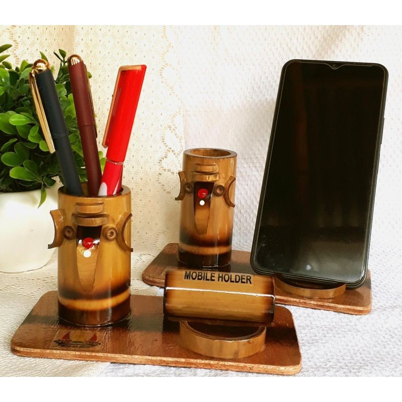 Bamboo Pen Stand with Mobile Holder